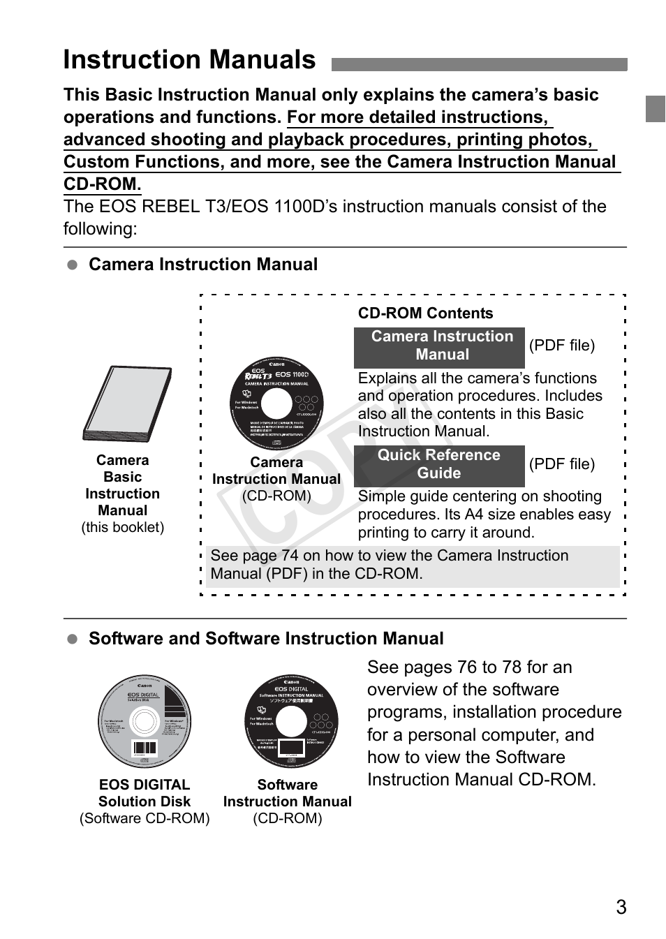 Cop y, Instruction manuals | Canon EOS Rebel T3 18-55mm IS II Lens Kit User Manual | Page 3 / 84