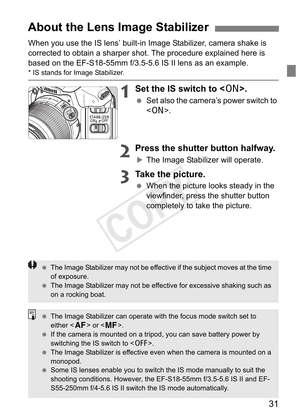 Cop y, About the lens image stabilizer | Canon EOS Rebel T3 18-55mm IS II Lens Kit User Manual | Page 31 / 84