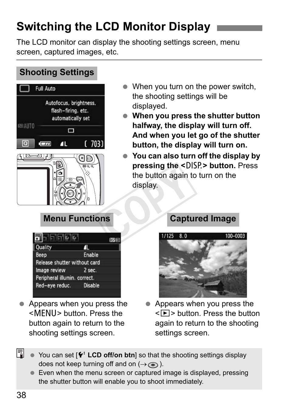 Cop y, Switching the lcd monitor display | Canon EOS Rebel T3 18-55mm IS II Lens Kit User Manual | Page 38 / 84