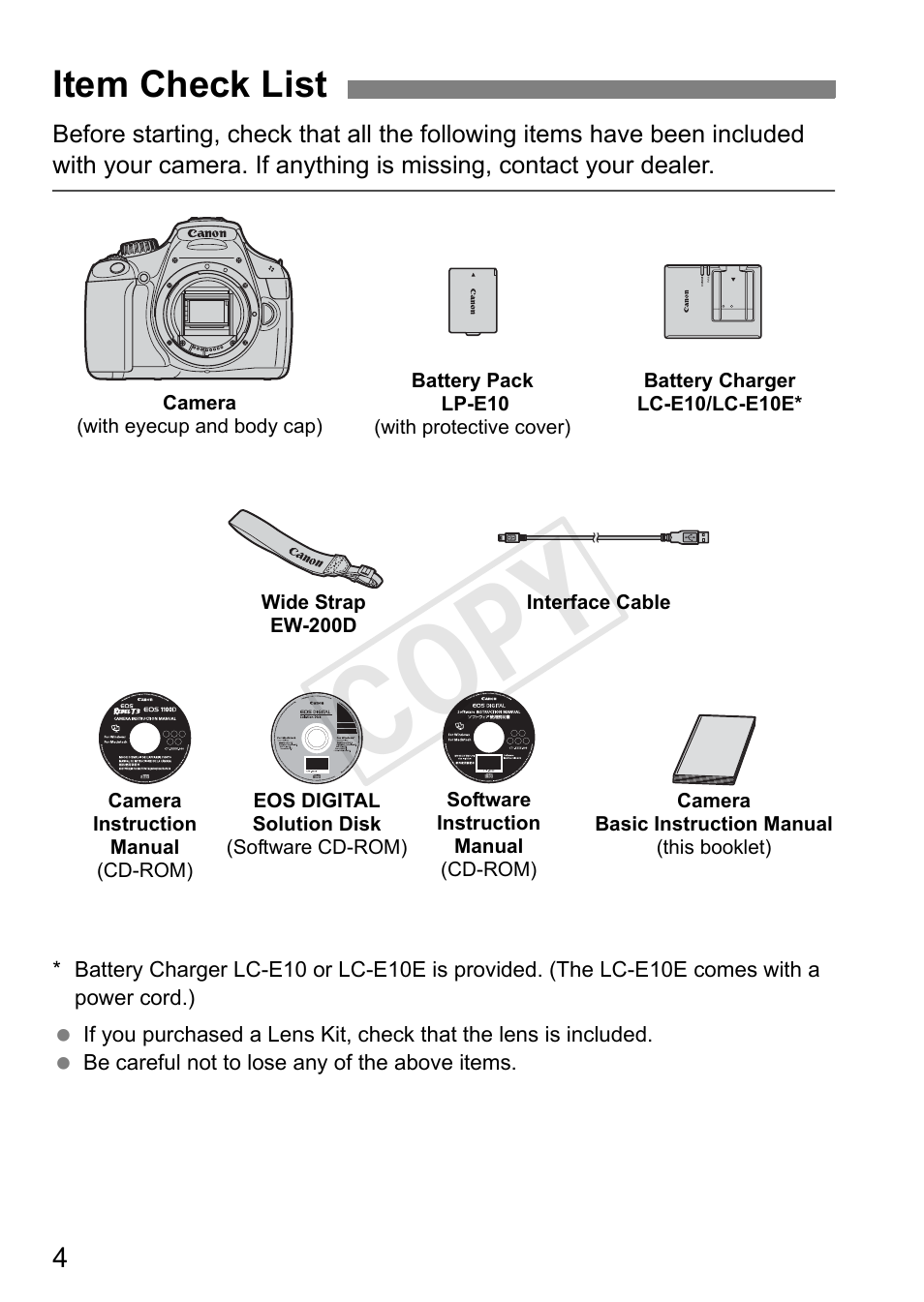 Cop y, Item check list | Canon EOS Rebel T3 18-55mm IS II Lens Kit User Manual | Page 4 / 84