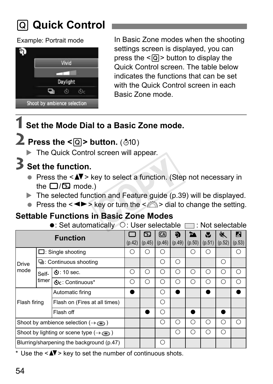 Cop y, Q quick control, Set the mode dial to a basic zone mode | Press the < q > button, Set the function, Settable functions in basic zone modes | Canon EOS Rebel T3 18-55mm IS II Lens Kit User Manual | Page 54 / 84