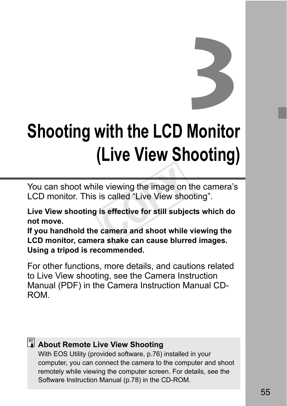 Cop y, Shooting with the lcd monitor (live view shooting) | Canon EOS Rebel T3 18-55mm IS II Lens Kit User Manual | Page 55 / 84