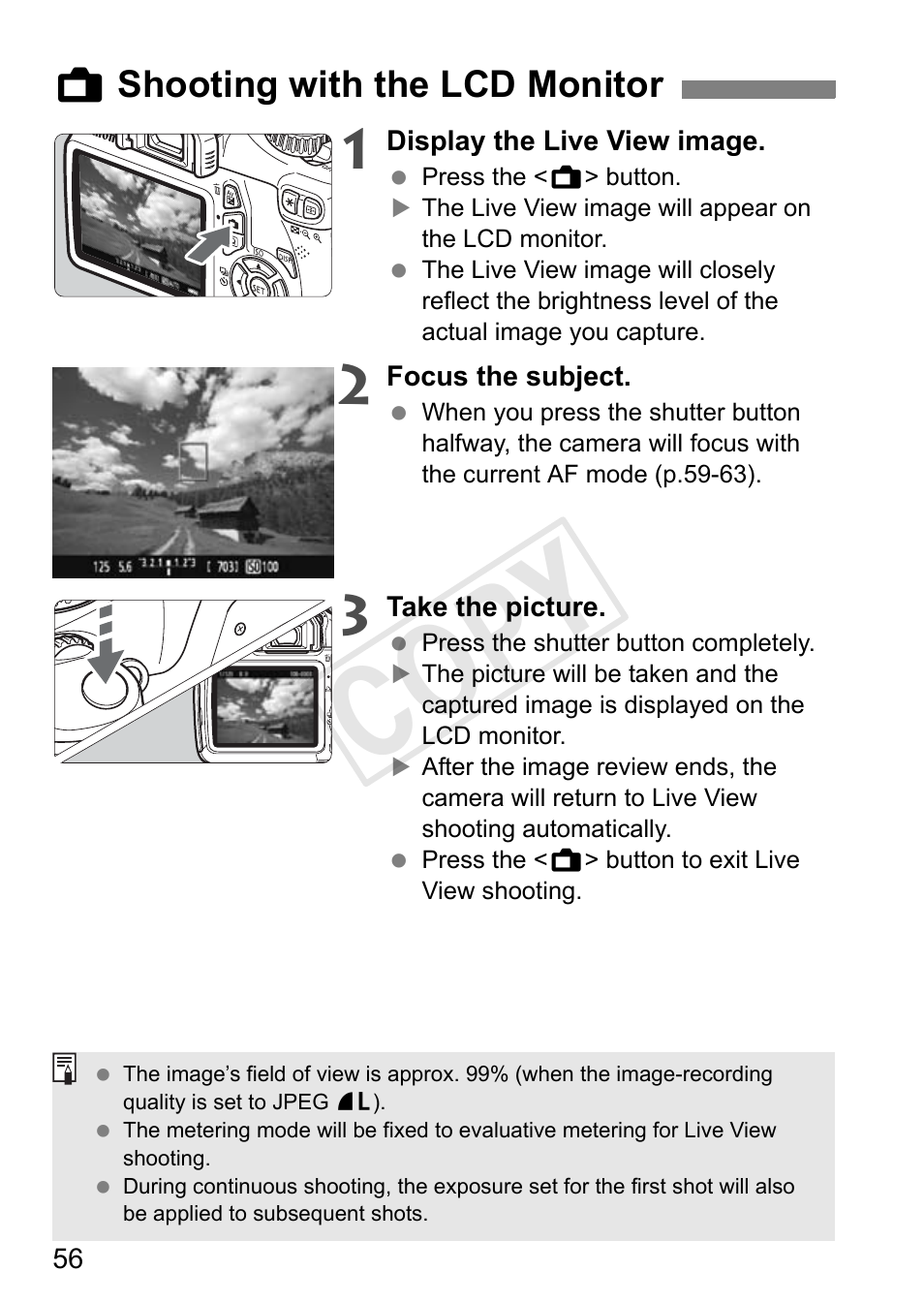 Cop y, A shooting with the lcd monitor | Canon EOS Rebel T3 18-55mm IS II Lens Kit User Manual | Page 56 / 84