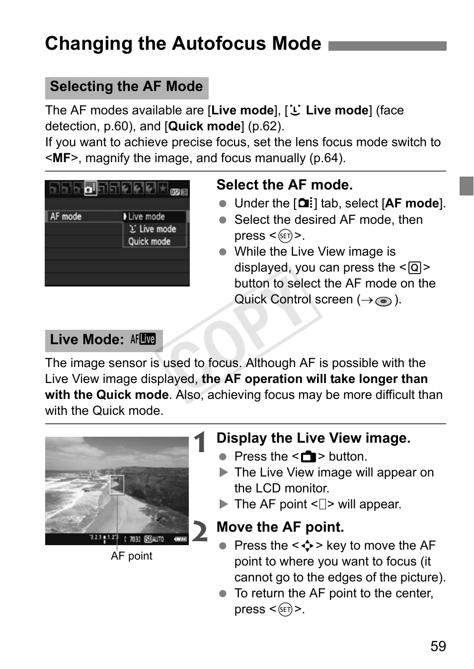 Cop y, Changing the autofocus mode | Canon EOS Rebel T3 18-55mm IS II Lens Kit User Manual | Page 59 / 84