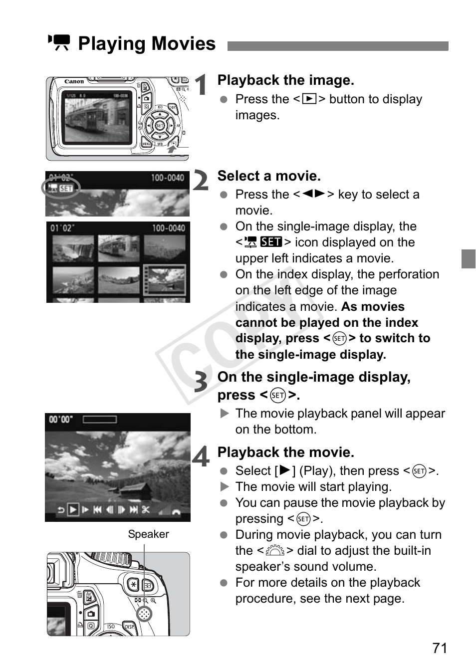 Cop y, K playing movies | Canon EOS Rebel T3 18-55mm IS II Lens Kit User Manual | Page 71 / 84