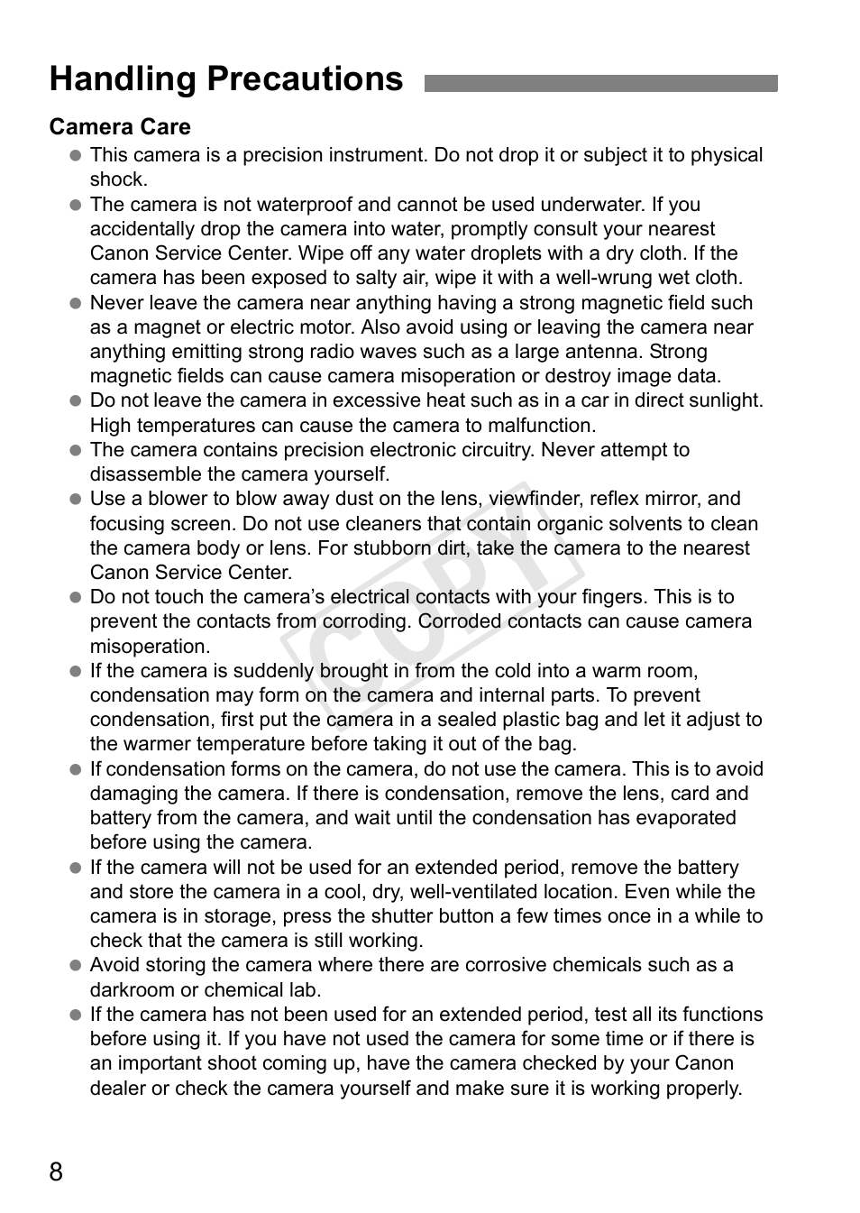 Cop y, Handling precautions | Canon EOS Rebel T3 18-55mm IS II Lens Kit User Manual | Page 8 / 84