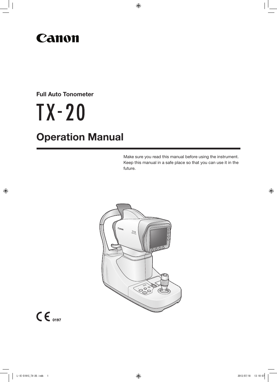 Canon TX-20 Full Auto Tonometer User Manual | 100 pages