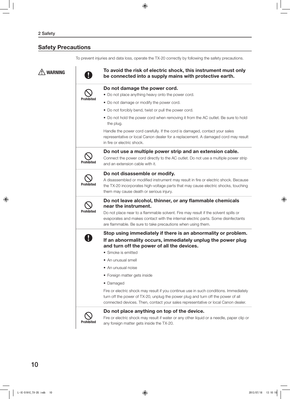 Safety precautions | Canon TX-20 Full Auto Tonometer User Manual | Page 10 / 100