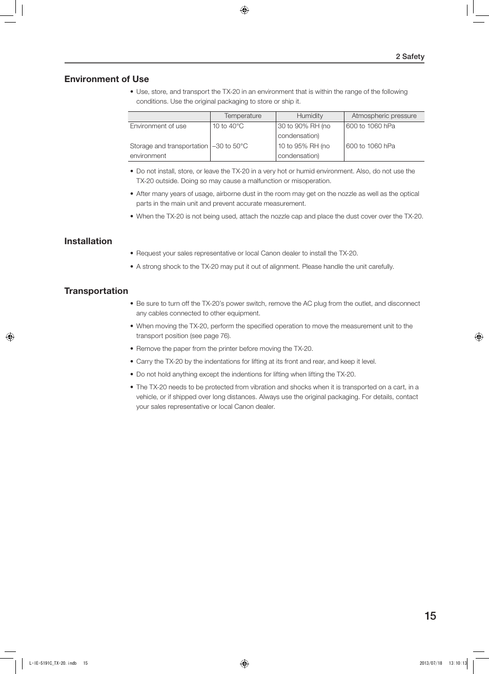 Environment of use, Installation, Transportation | Canon TX-20 Full Auto Tonometer User Manual | Page 15 / 100