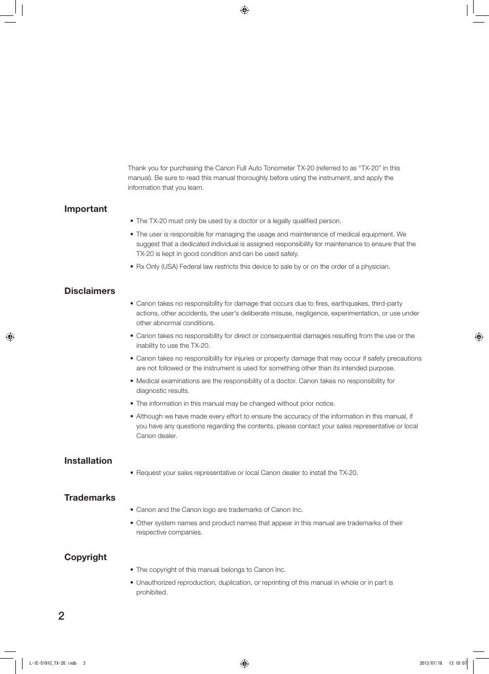 Canon TX-20 Full Auto Tonometer User Manual | Page 2 / 100