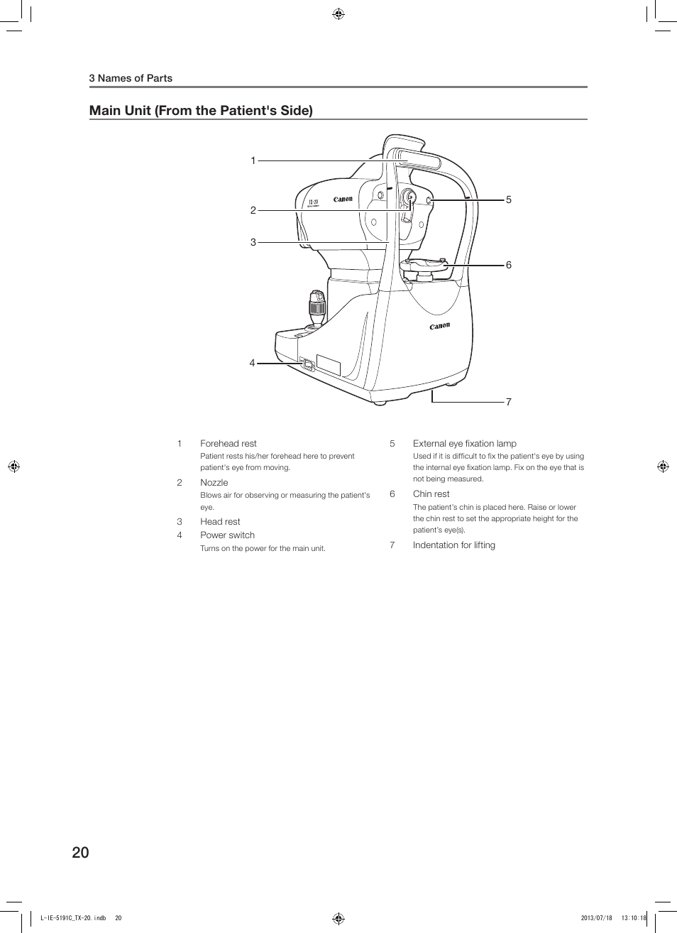 Main unit (from the patient's side) | Canon TX-20 Full Auto Tonometer User Manual | Page 20 / 100