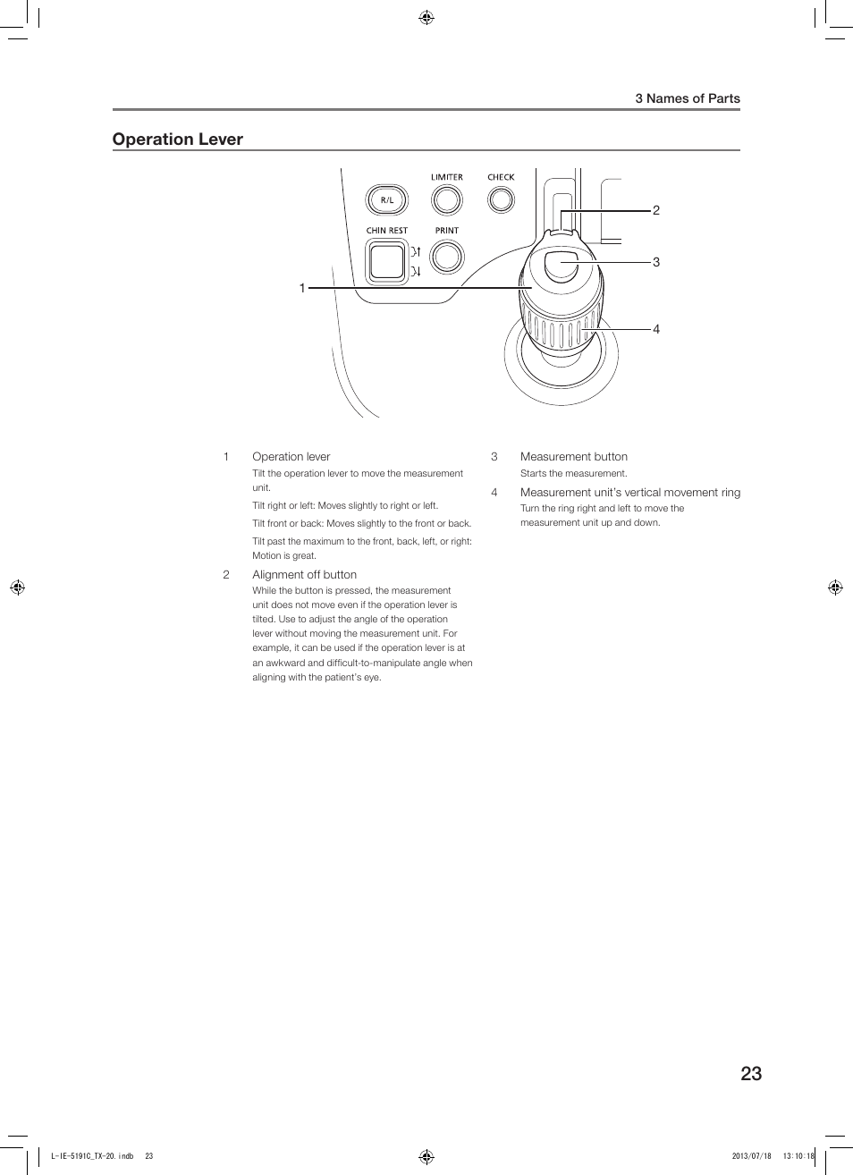 Operation lever | Canon TX-20 Full Auto Tonometer User Manual | Page 23 / 100