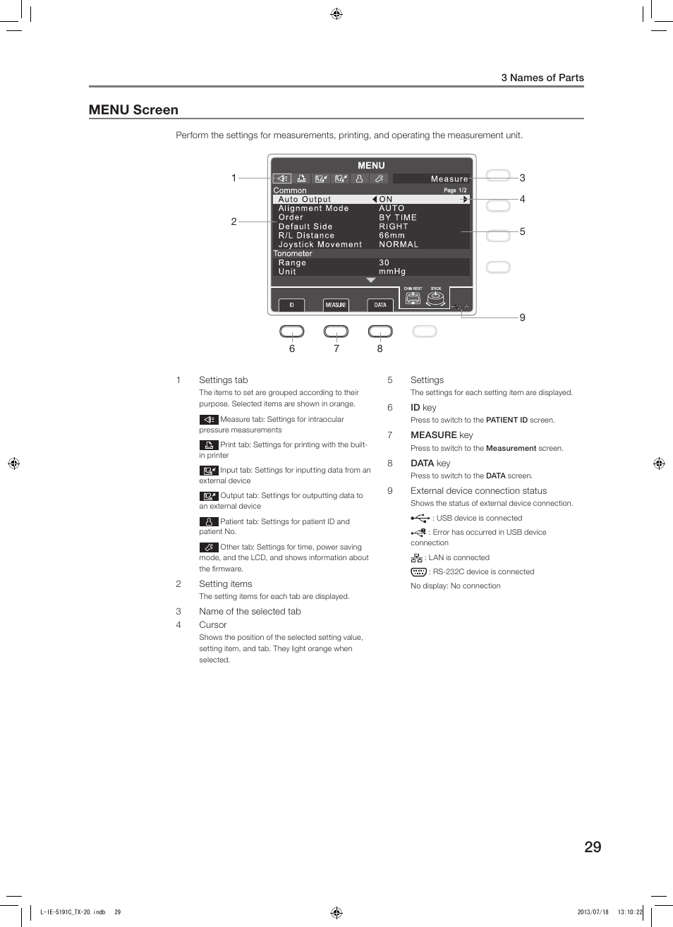 Menu screen | Canon TX-20 Full Auto Tonometer User Manual | Page 29 / 100