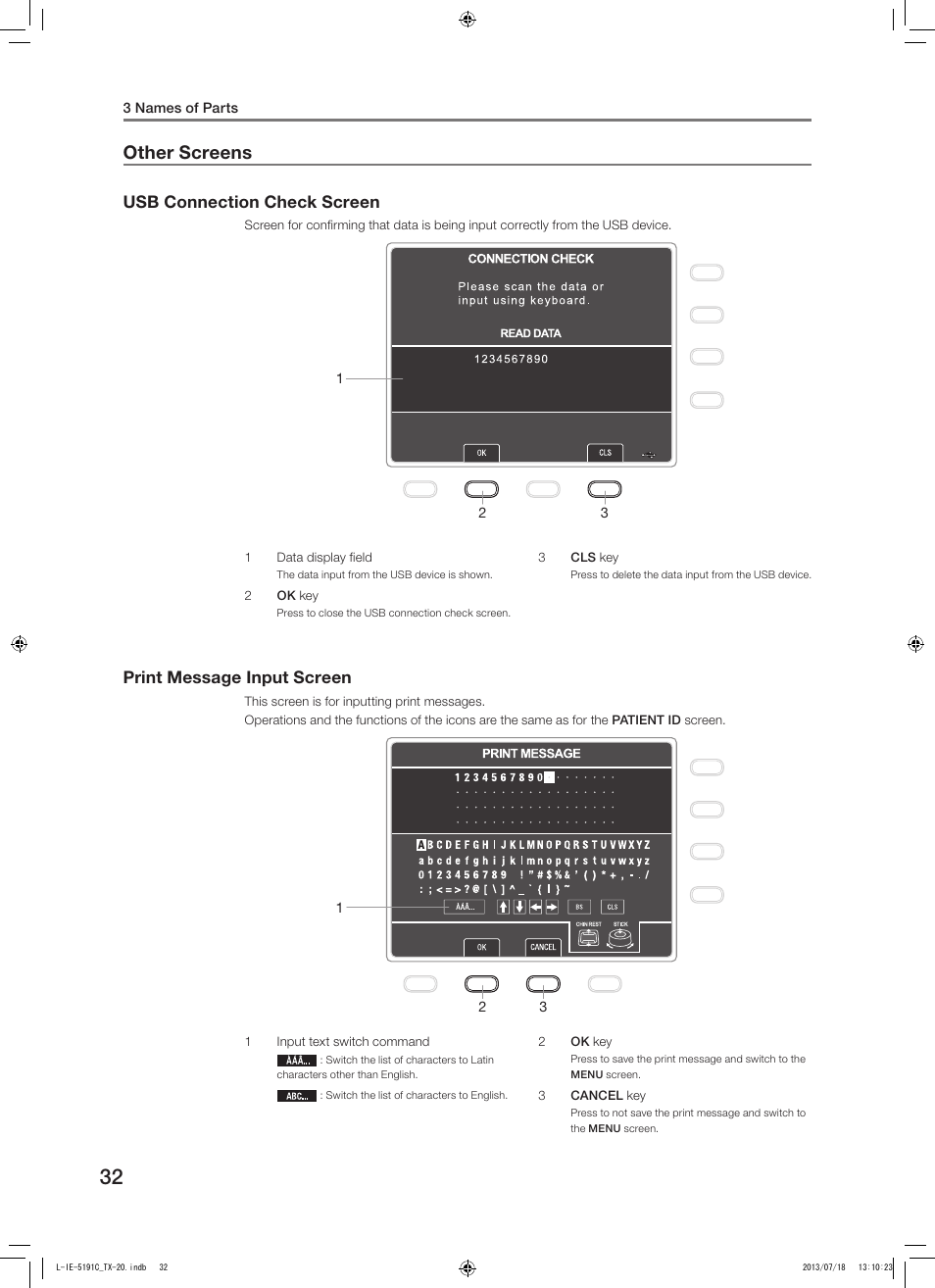 Other screens, Usb connection check screen, Print message input screen | Canon TX-20 Full Auto Tonometer User Manual | Page 32 / 100