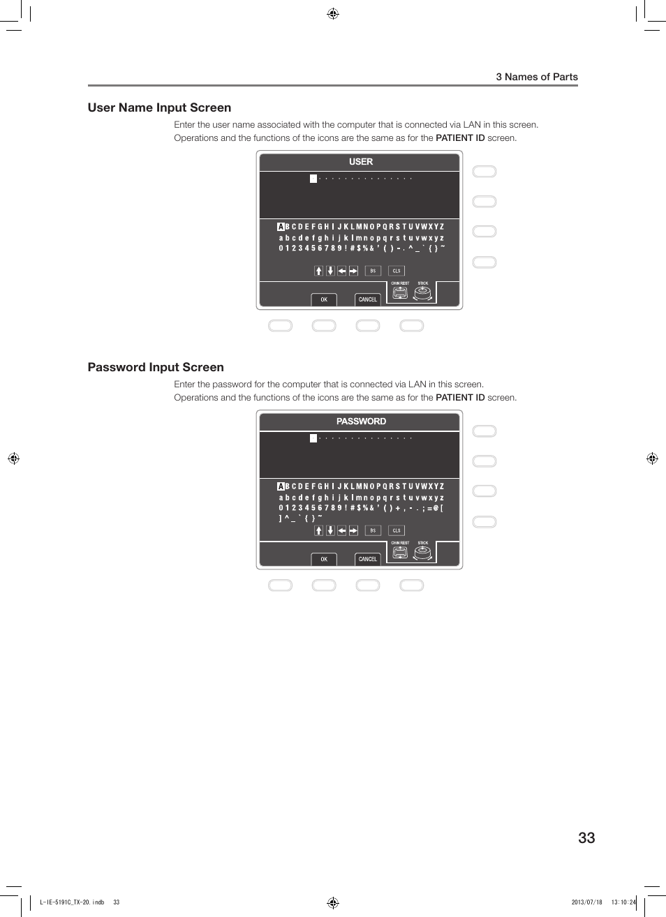 User name input screen, Password input screen, User name input screen password input screen | Canon TX-20 Full Auto Tonometer User Manual | Page 33 / 100