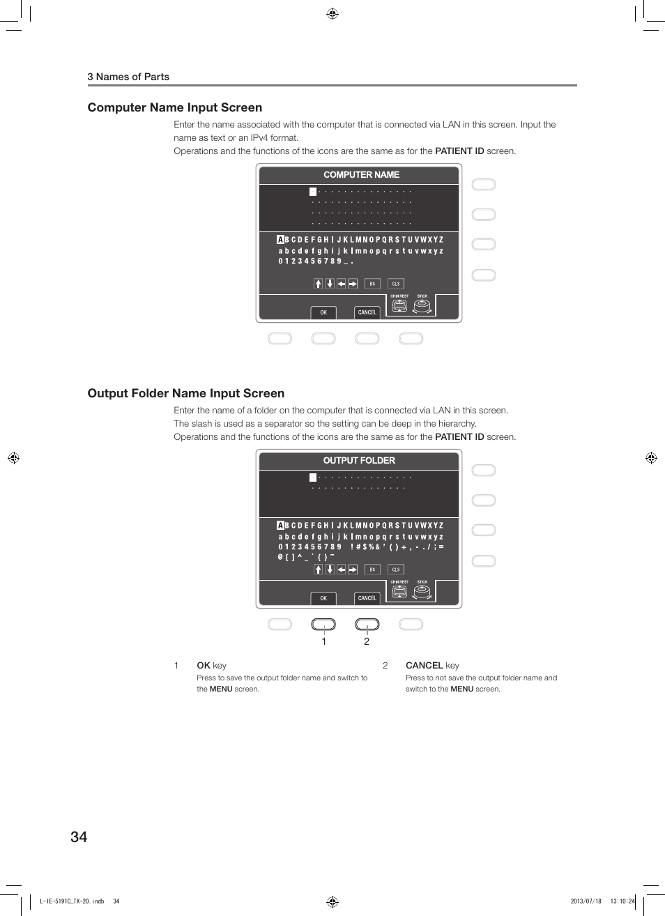 Computer name input screen, Output folder name input screen | Canon TX-20 Full Auto Tonometer User Manual | Page 34 / 100