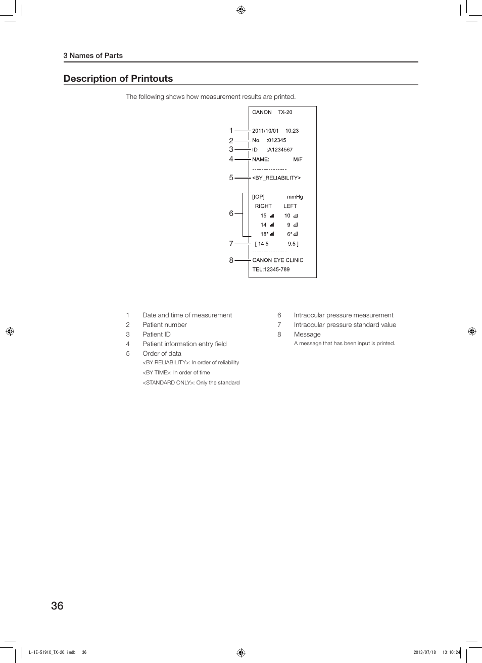 Description of printouts | Canon TX-20 Full Auto Tonometer User Manual | Page 36 / 100