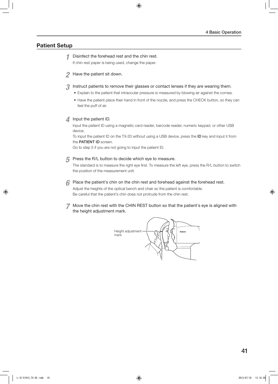 Patient setup | Canon TX-20 Full Auto Tonometer User Manual | Page 41 / 100