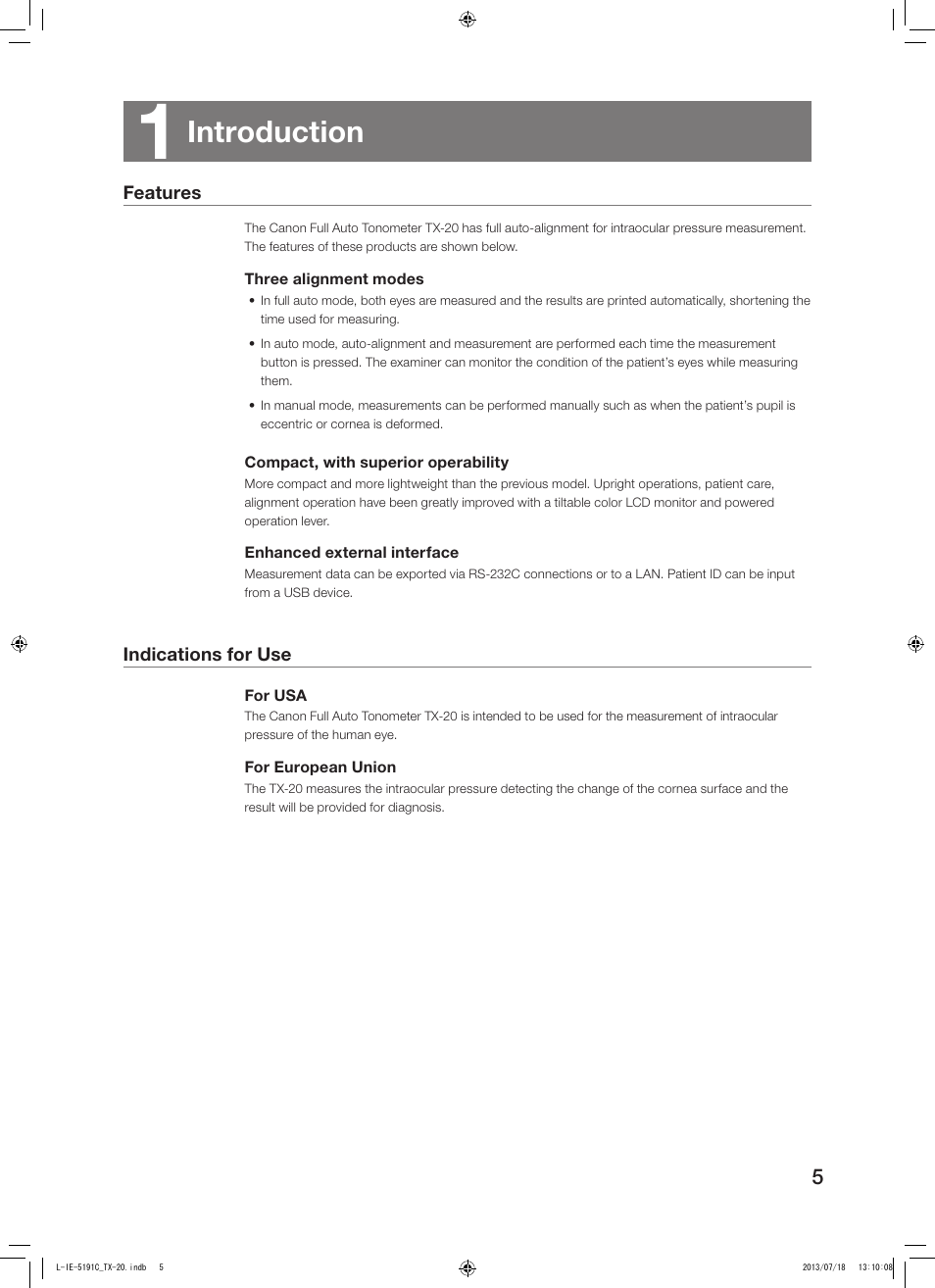 1 introduction, Features, Indications for use | Features indications for use, Introduction | Canon TX-20 Full Auto Tonometer User Manual | Page 5 / 100