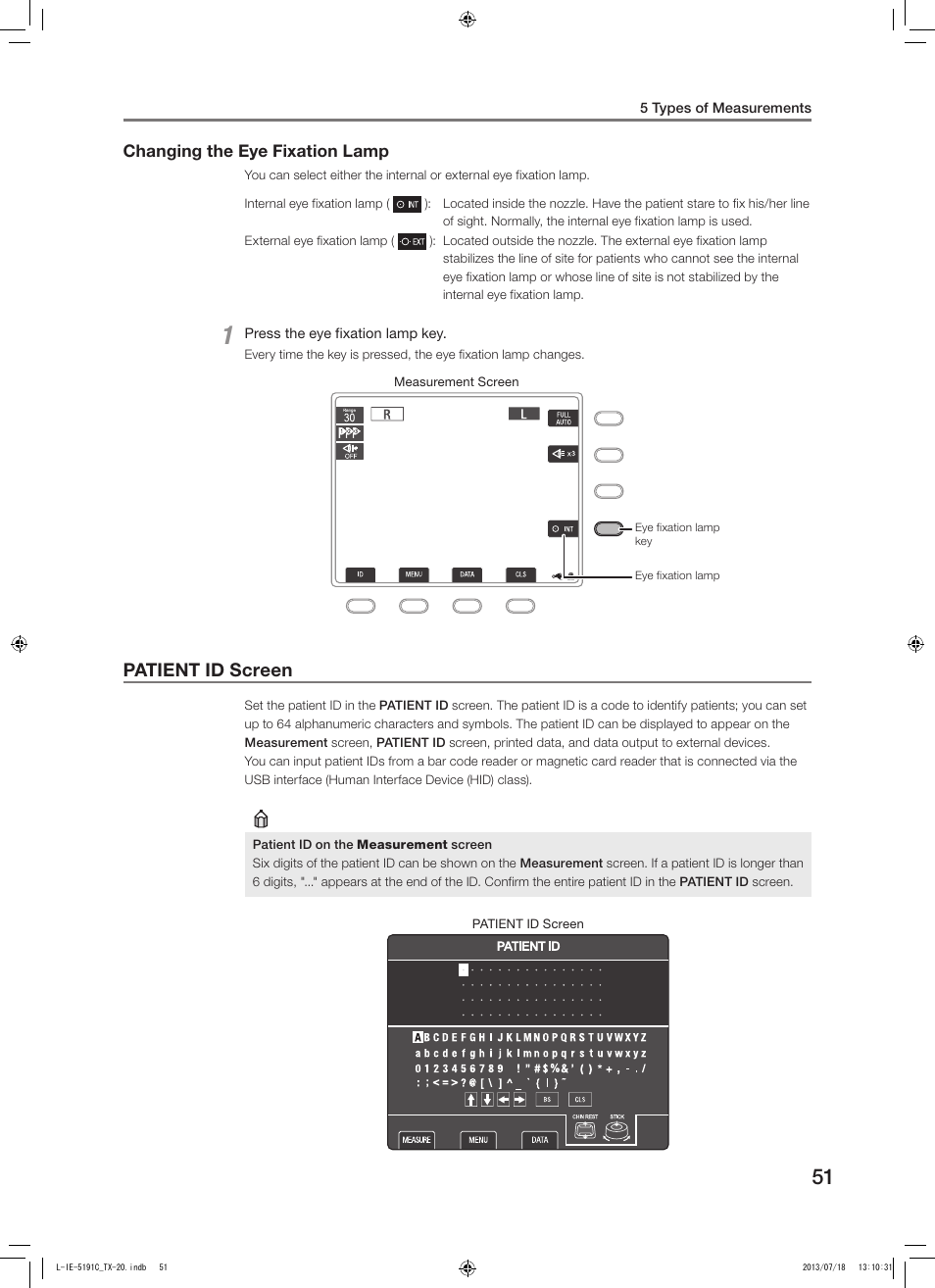 Changing the eye fixation lamp, Patient id screen | Canon TX-20 Full Auto Tonometer User Manual | Page 51 / 100