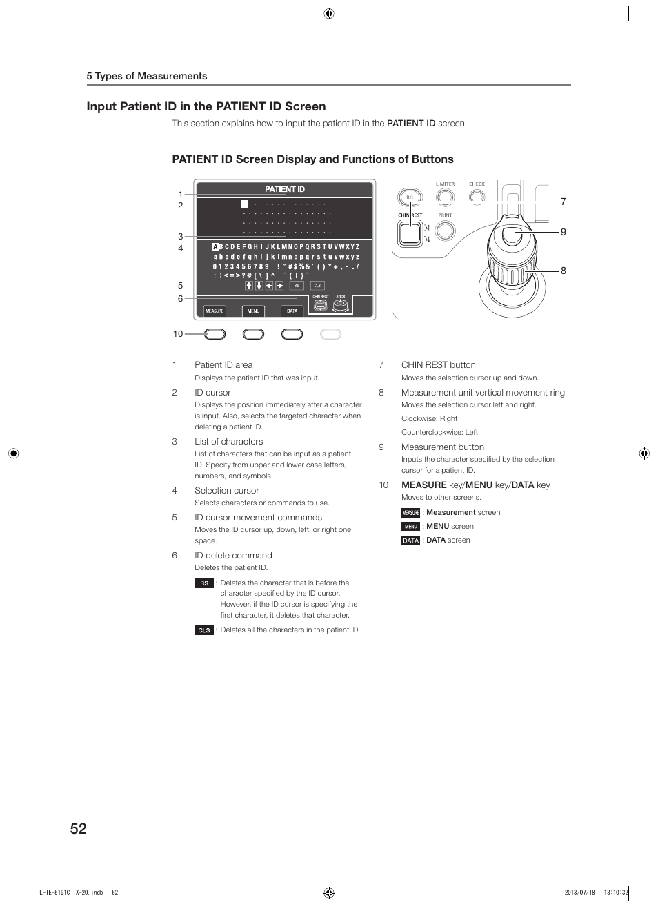 Input patient id in the patient id screen, Patient id screen display and functions of buttons | Canon TX-20 Full Auto Tonometer User Manual | Page 52 / 100