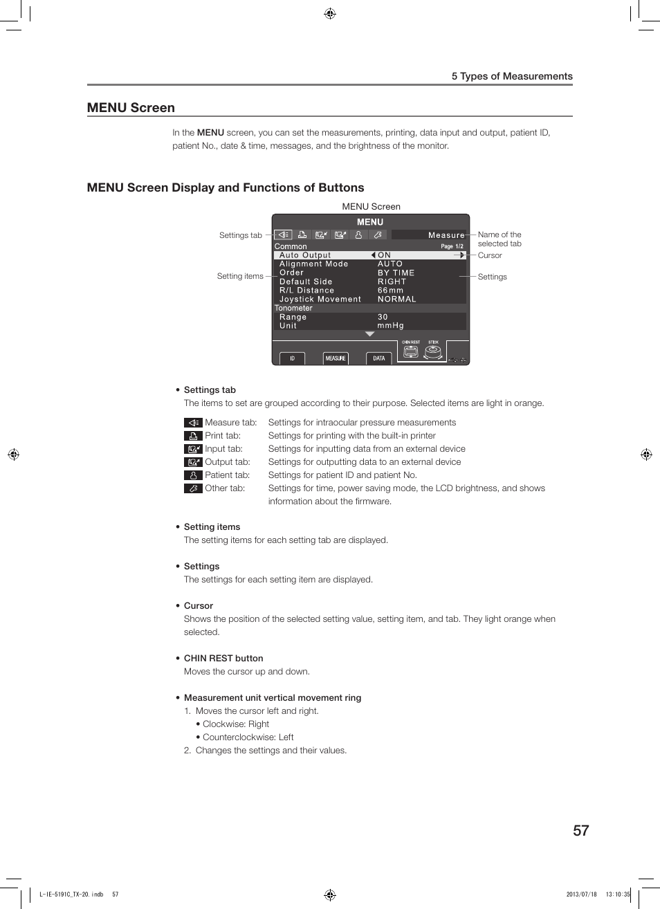 Menu screen, Menu screen display and functions of buttons | Canon TX-20 Full Auto Tonometer User Manual | Page 57 / 100