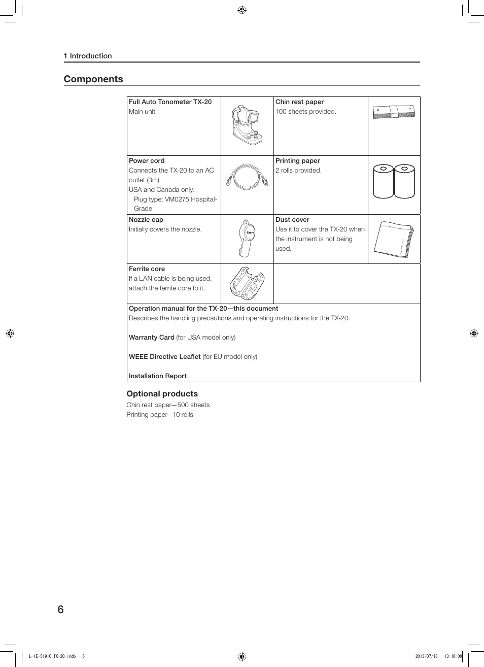 Components | Canon TX-20 Full Auto Tonometer User Manual | Page 6 / 100