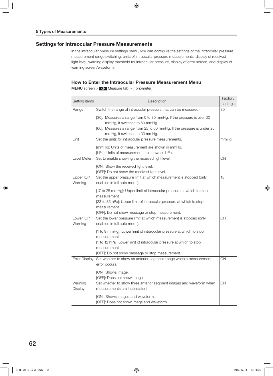 Settings for intraocular pressure measurements | Canon TX-20 Full Auto Tonometer User Manual | Page 62 / 100