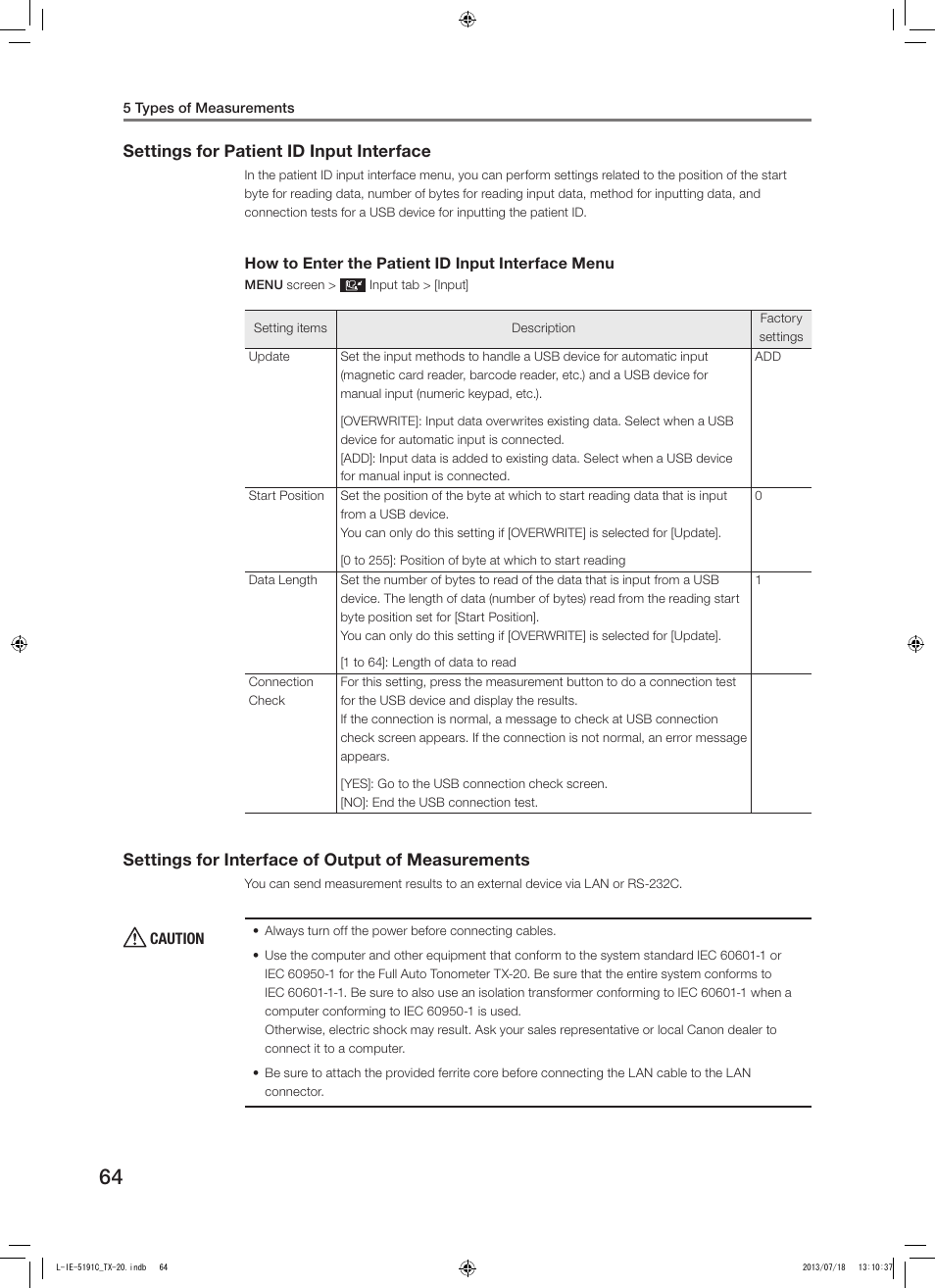 Settings for patient id input interface, Settings for interface of output of measurements | Canon TX-20 Full Auto Tonometer User Manual | Page 64 / 100