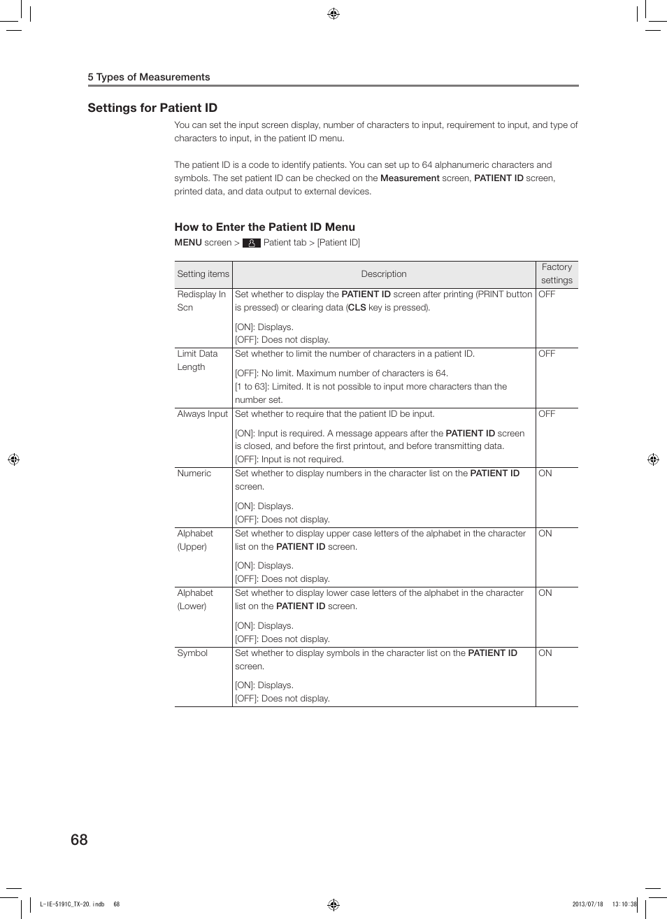 Settings for patient id | Canon TX-20 Full Auto Tonometer User Manual | Page 68 / 100