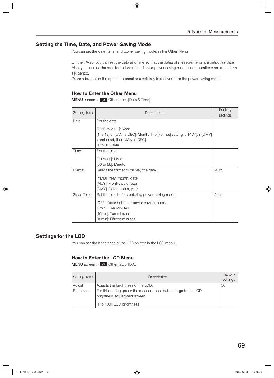 Setting the time, date, and power saving mode, Settings for the lcd | Canon TX-20 Full Auto Tonometer User Manual | Page 69 / 100