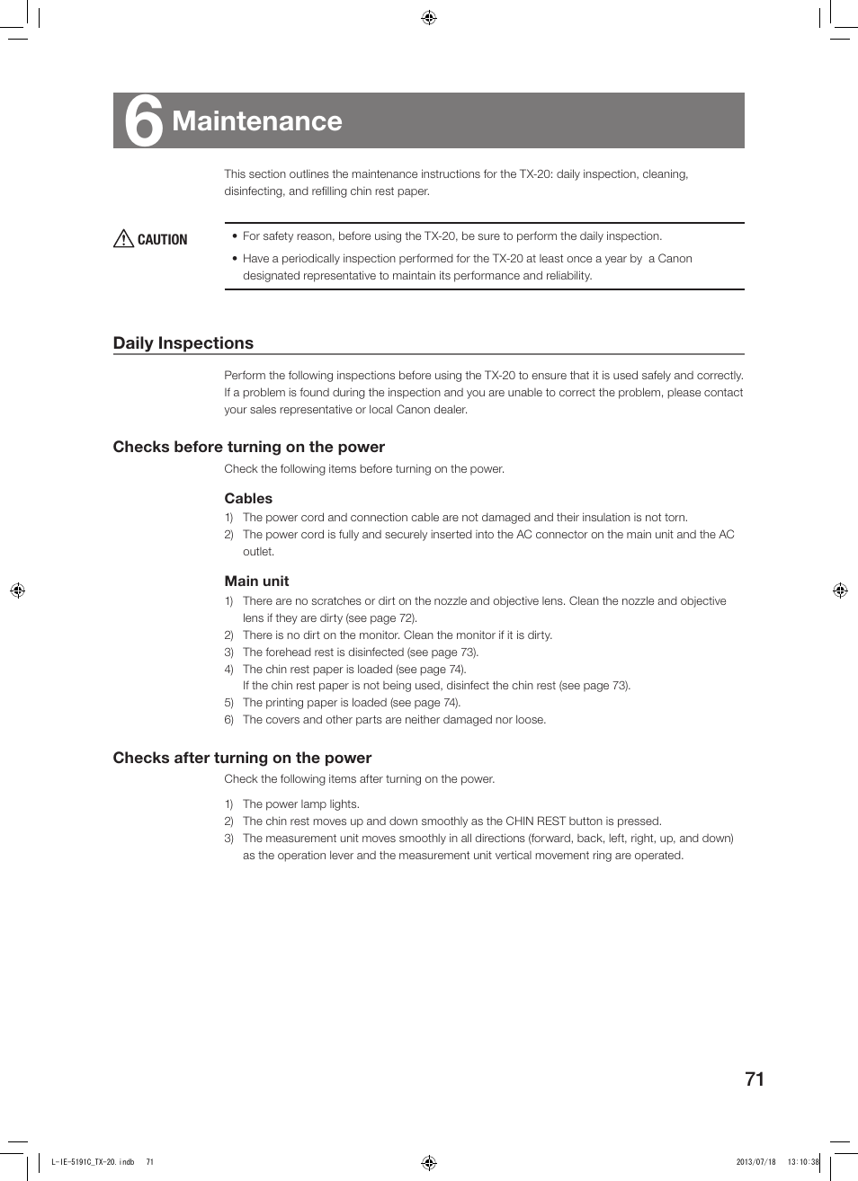 6 maintenance, Daily inspections, Maintenance | Canon TX-20 Full Auto Tonometer User Manual | Page 71 / 100