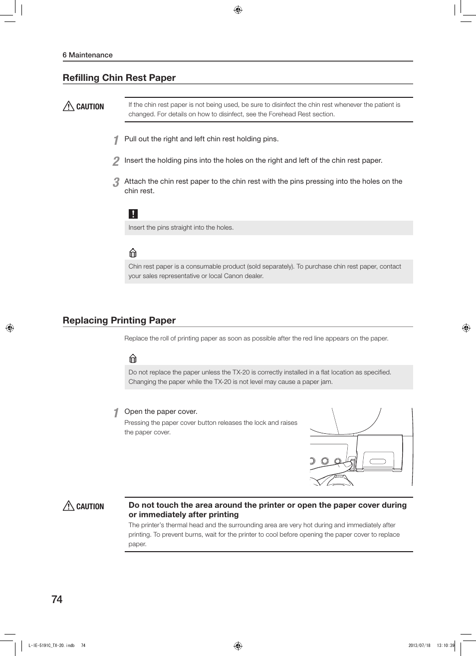 Refilling chin rest paper, Replacing printing paper, Refilling chin rest paper replacing printing paper | E 74), E 74 | Canon TX-20 Full Auto Tonometer User Manual | Page 74 / 100