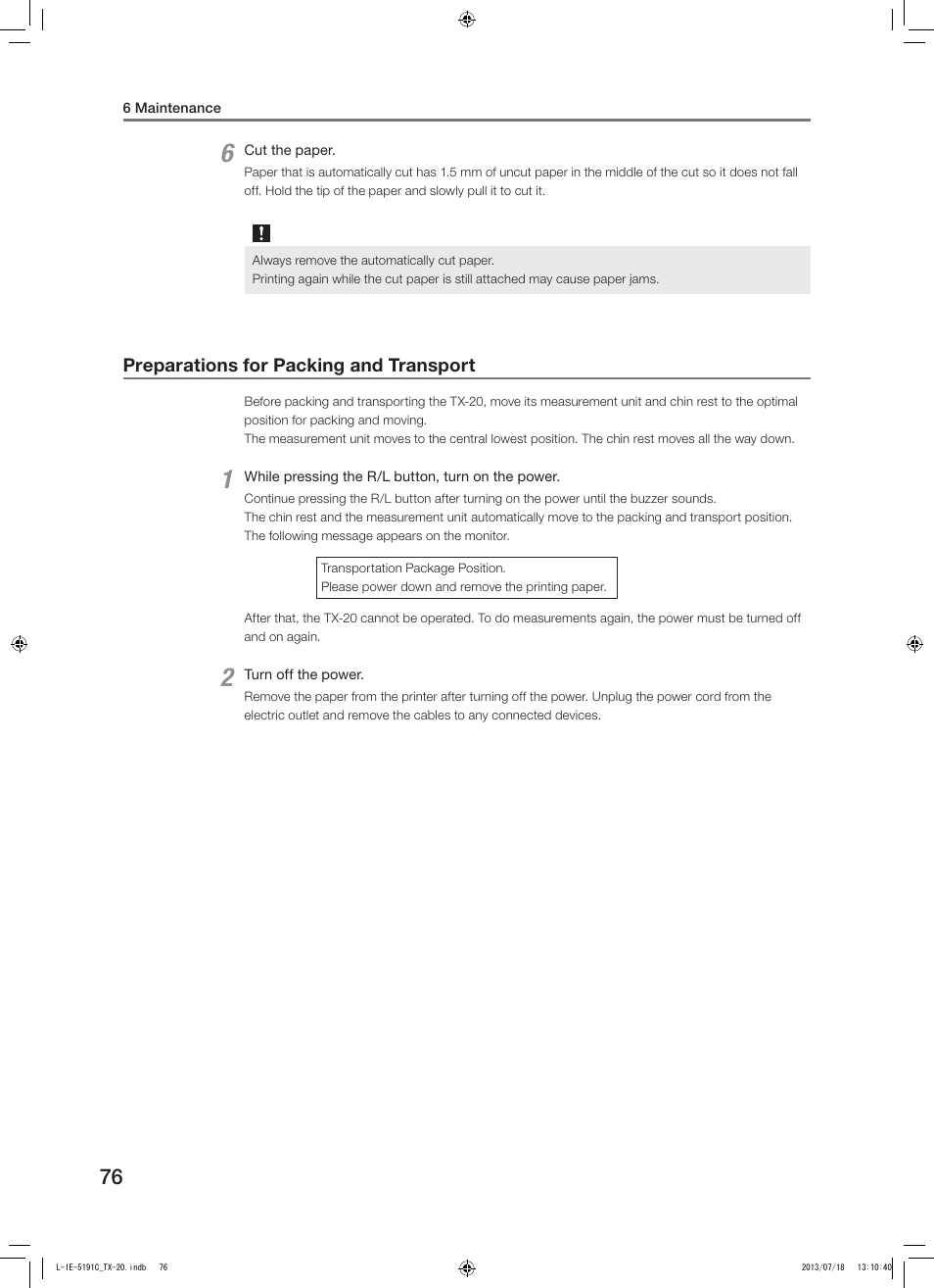 Preparations for packing and transport | Canon TX-20 Full Auto Tonometer User Manual | Page 76 / 100