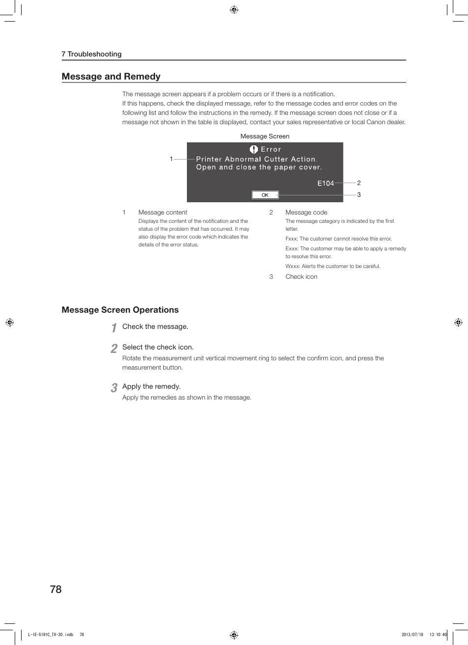 Message and remedy | Canon TX-20 Full Auto Tonometer User Manual | Page 78 / 100