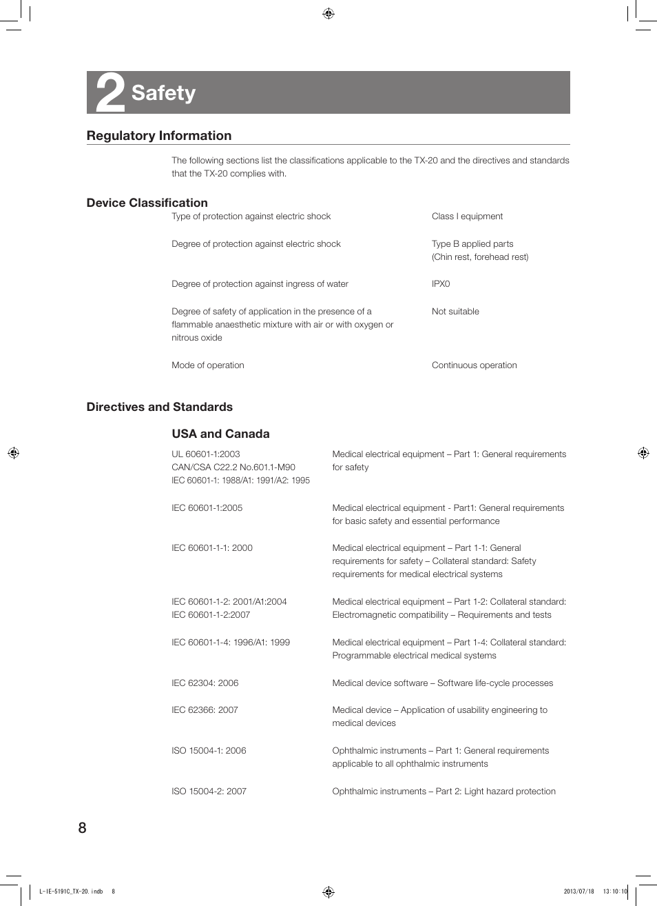 2 safety, Regulatory information, Safety | Canon TX-20 Full Auto Tonometer User Manual | Page 8 / 100