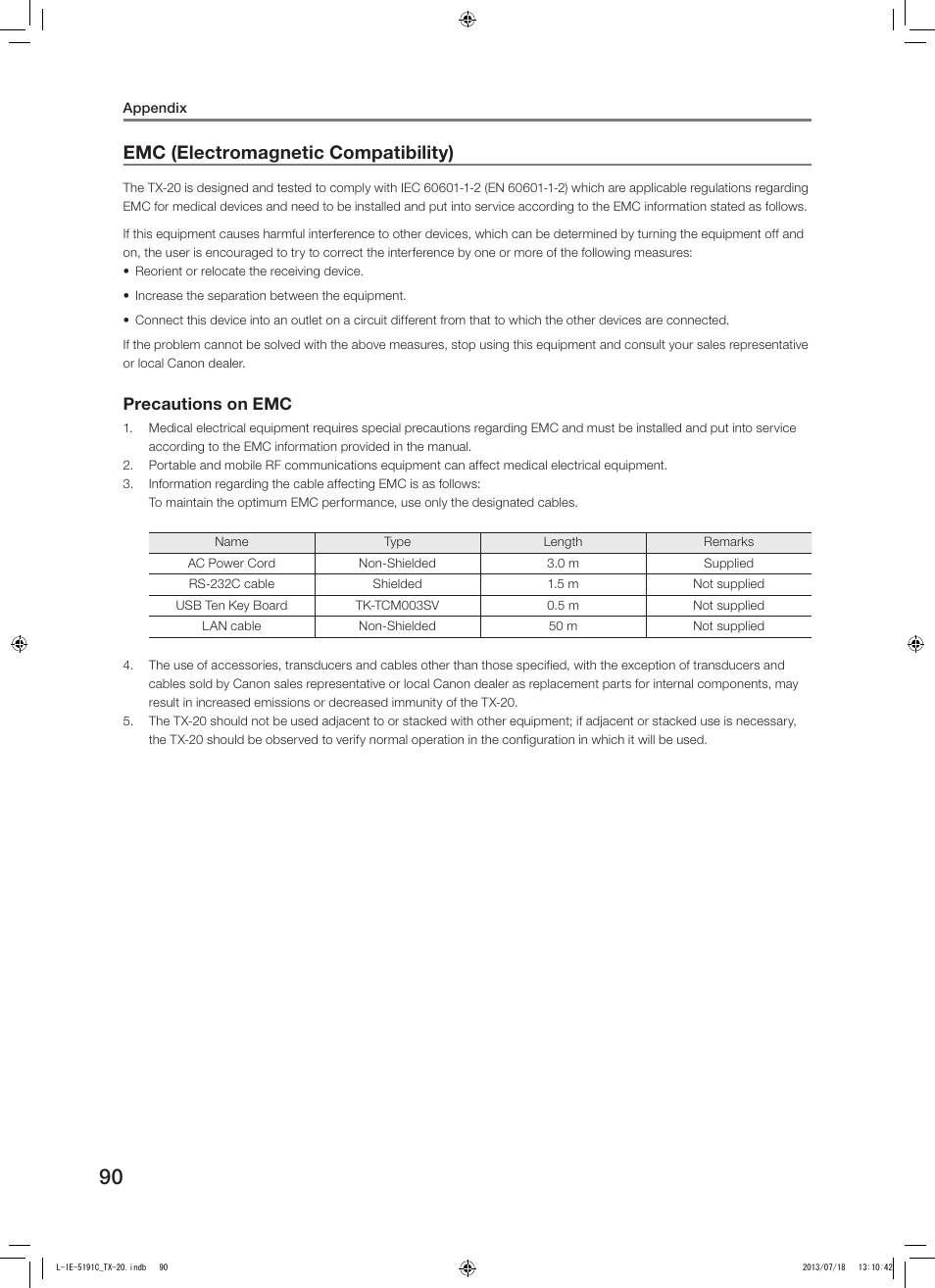 Emc (electromagnetic compatibility), Precautions on emc | Canon TX-20 Full Auto Tonometer User Manual | Page 90 / 100