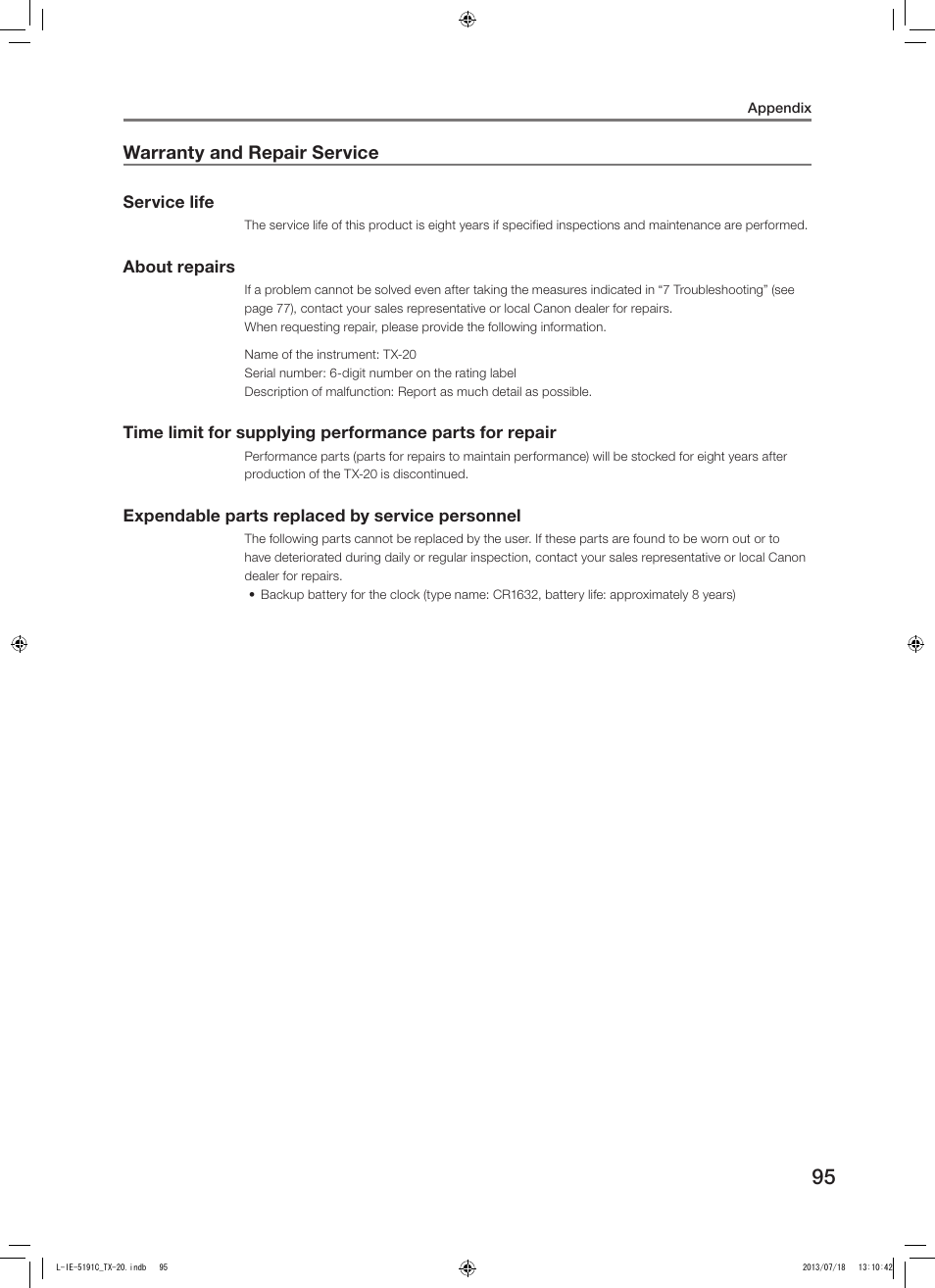 Warranty and repair service | Canon TX-20 Full Auto Tonometer User Manual | Page 95 / 100