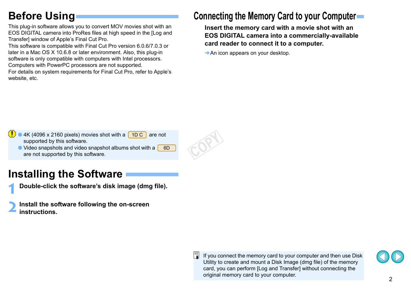 Before using, Installing the software, Connecting the memory card to your computer | Cop y | Canon EOS-1D C User Manual | Page 3 / 5