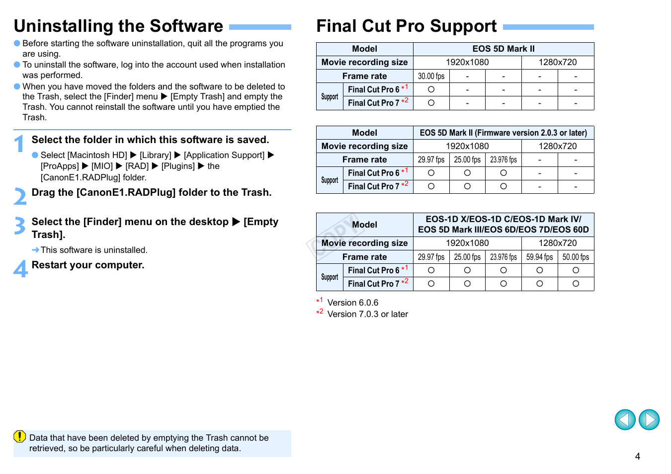Uninstalling the software, Final cut pro support, Cop y | Canon EOS-1D C User Manual | Page 5 / 5