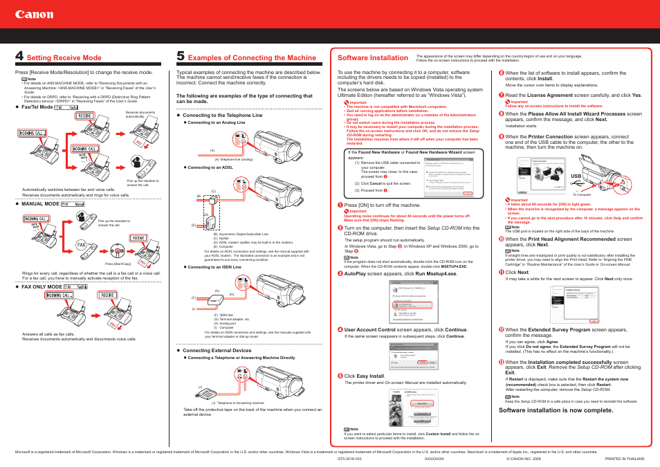 Setting receive mode, Examples of connecting the machine, Software installation | Canon FAX-JX210P User Manual | Page 2 / 2