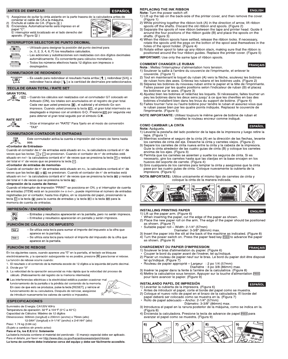 Antes de empezar, Español, Interruptor selector de punto decimal | Conmutador de redondeo, Tecla de gran total / rate set, Conmutador contador de entradas, Impresion / encendido, Funcion de calculo de impuesto, Funcion de rebose, Especificaciones | Canon MP21DX User Manual | Page 3 / 4