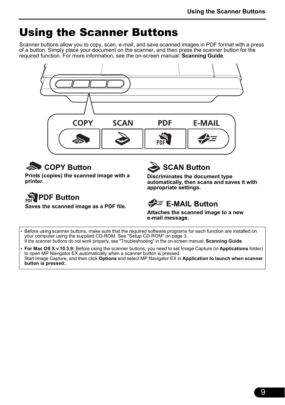 Using the scanner buttons, Copy button, Pdf button | Scan button, E-mail button | Canon CANOSCAN LIDE 700F User Manual | Page 11 / 19