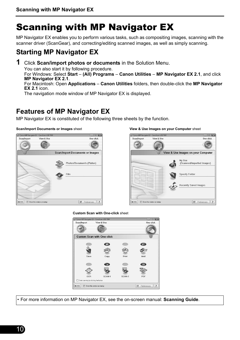 Scanning with mp navigator ex, Starting mp navigator ex, Features of mp navigator ex | Canon CANOSCAN LIDE 700F User Manual | Page 12 / 19