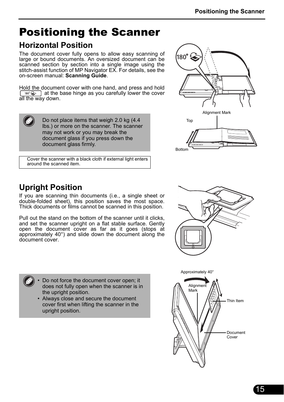 Positioning the scanner, Horizontal position, Upright position | Canon CANOSCAN LIDE 700F User Manual | Page 17 / 19