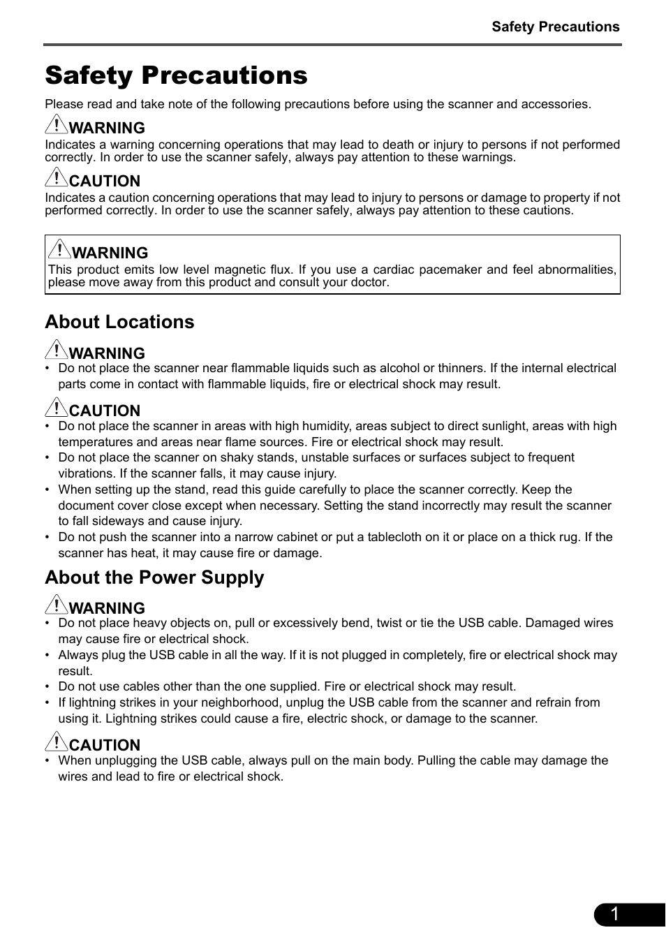 Safety precautions, About locations, About the power supply | Canon CANOSCAN LIDE 700F User Manual | Page 3 / 19