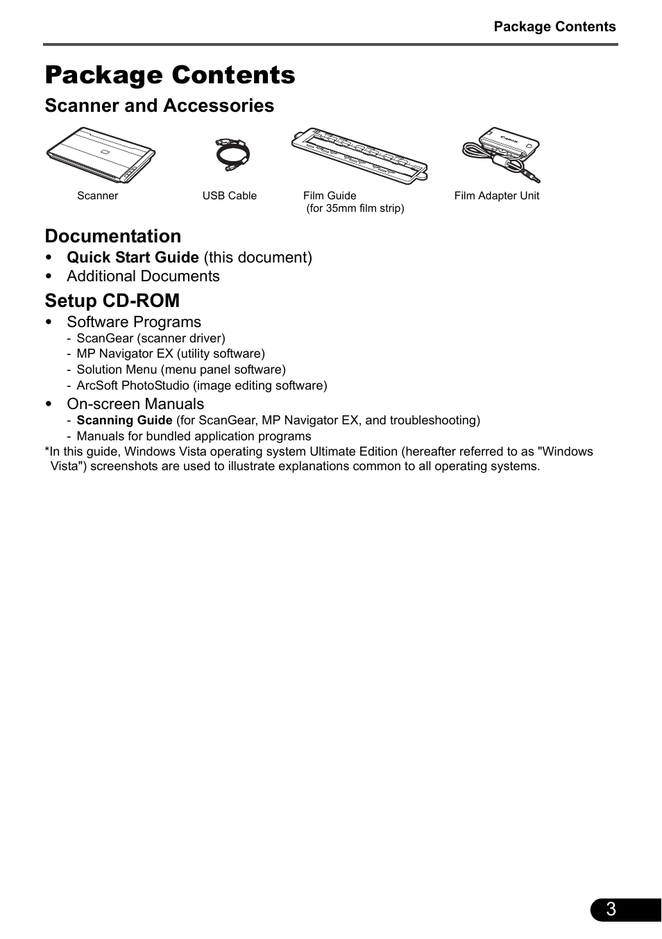 Package contents, Scanner and accessories documentation, Setup cd-rom | Canon CANOSCAN LIDE 700F User Manual | Page 5 / 19