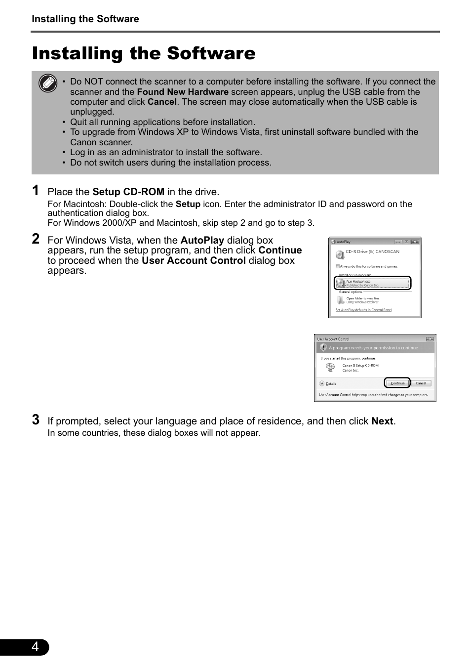 Installing the software | Canon CANOSCAN LIDE 700F User Manual | Page 6 / 19