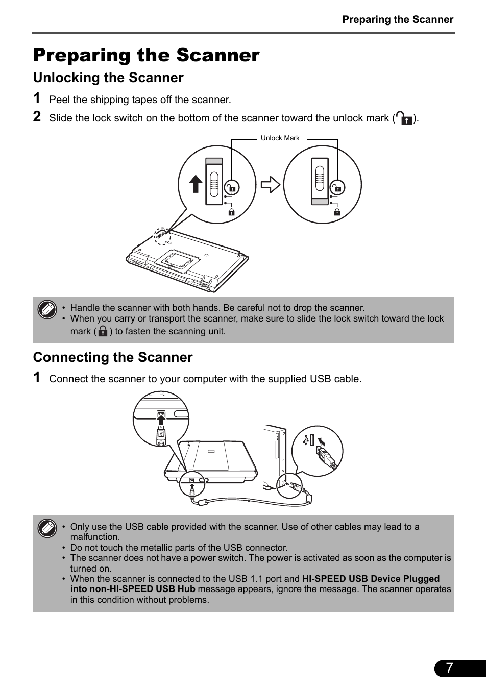 Preparing the scanner, Unlocking the scanner, Connecting the scanner | Canon CANOSCAN LIDE 700F User Manual | Page 9 / 19