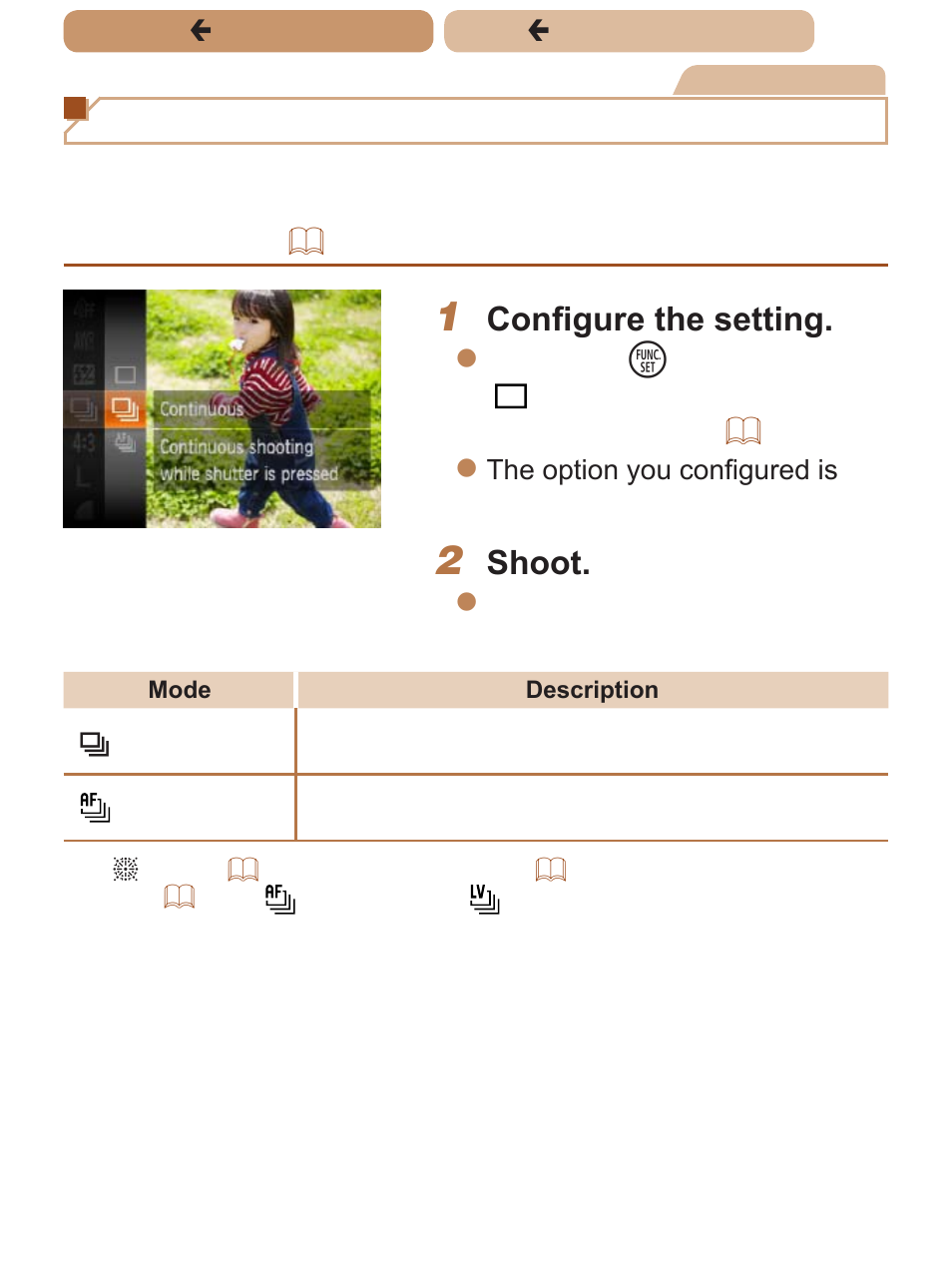 Continuous shooting, Configure the setting, Shoot | Canon PowerShot SX170 IS User Manual | Page 105 / 268